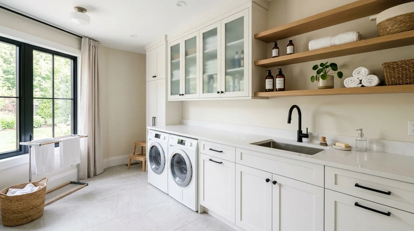 modern laundry room ideas Glass Cabinet Accents