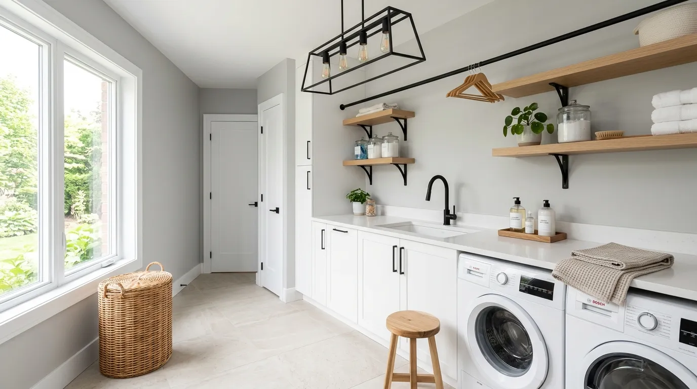 modern laundry room ideas Matte Black Fixtures