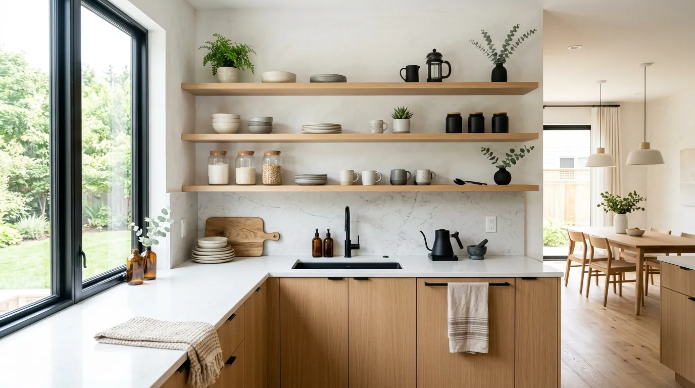 Floating oak shelves in bright modern kitchen