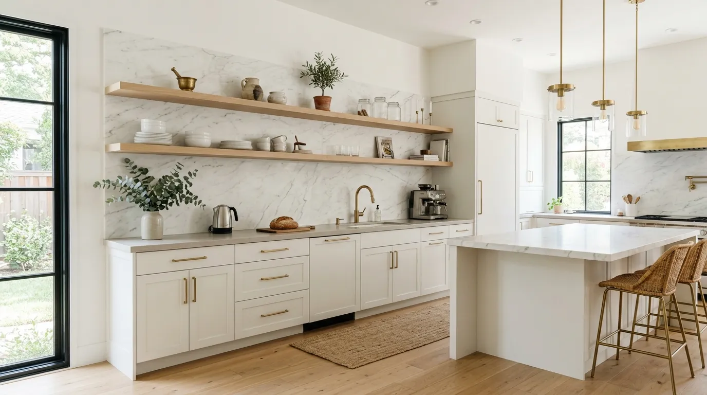 Open shelves with elegant marble backsplash
