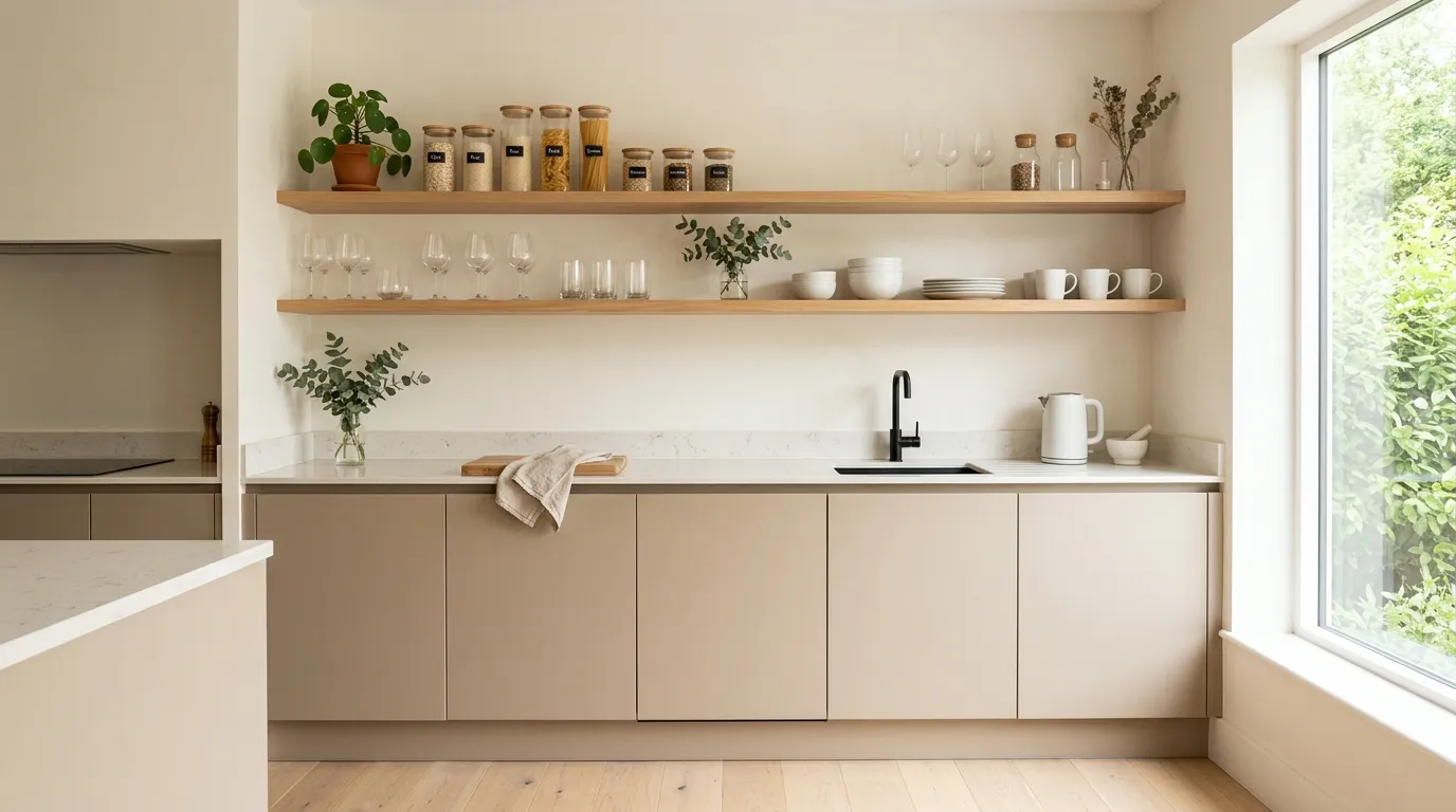 Stylish glassware arranged on open shelves