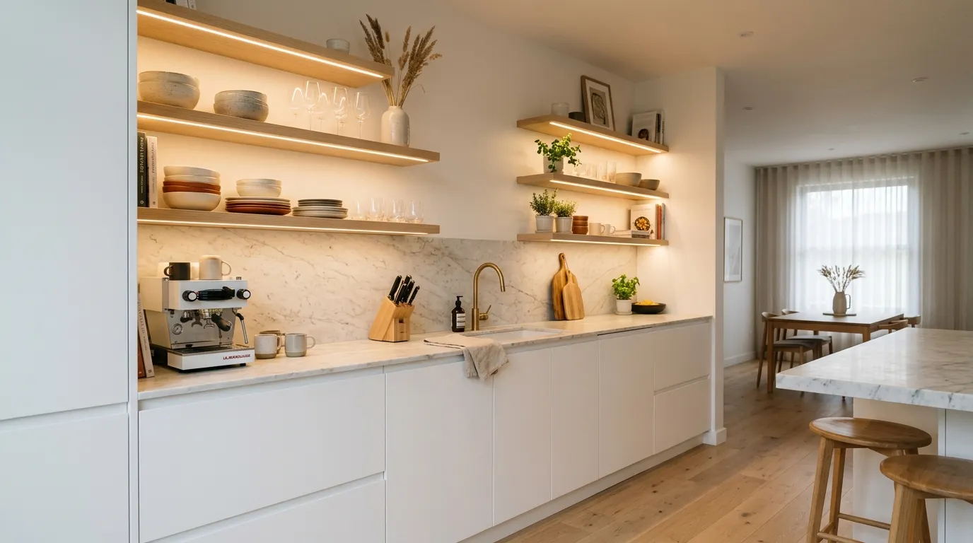 Open shelves with warm LED lighting