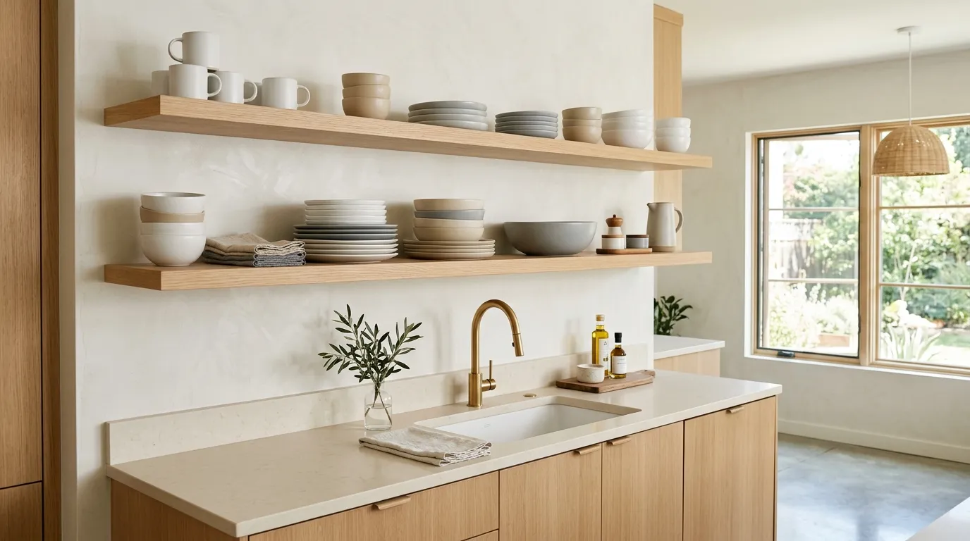 Neutral ceramic dishes on open shelves