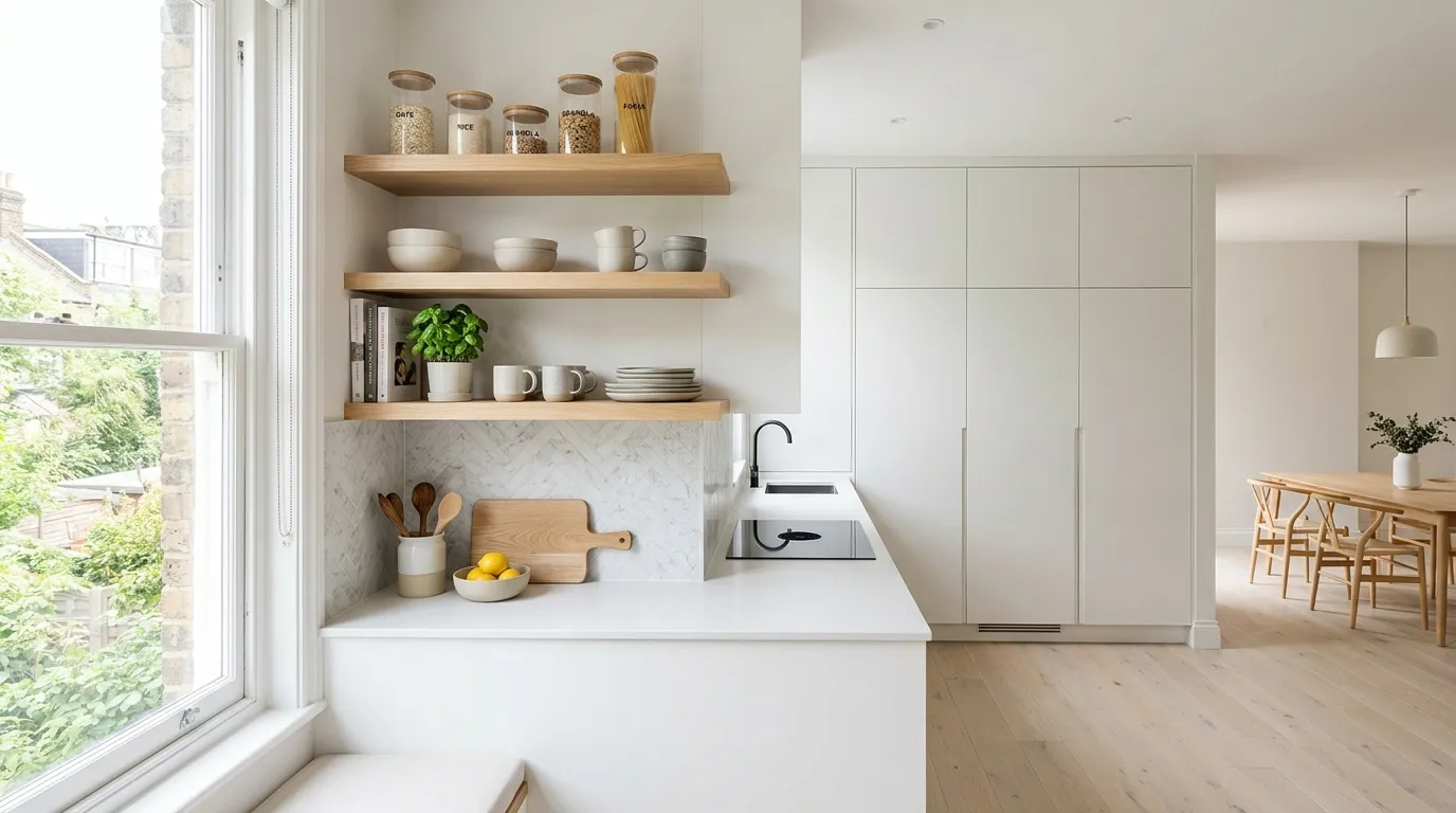 Open shelves paired with hidden pantry cabinets