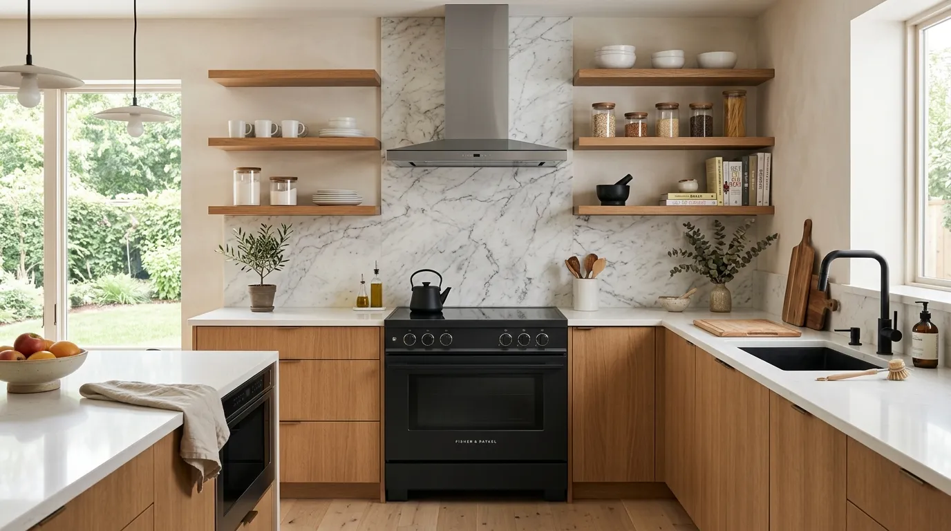 Stylish range wall with open shelving