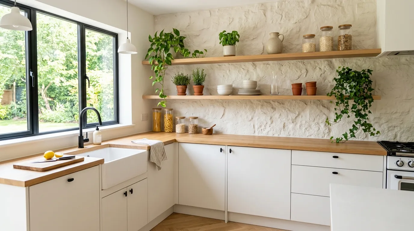 Open shelves decorated with fresh greenery