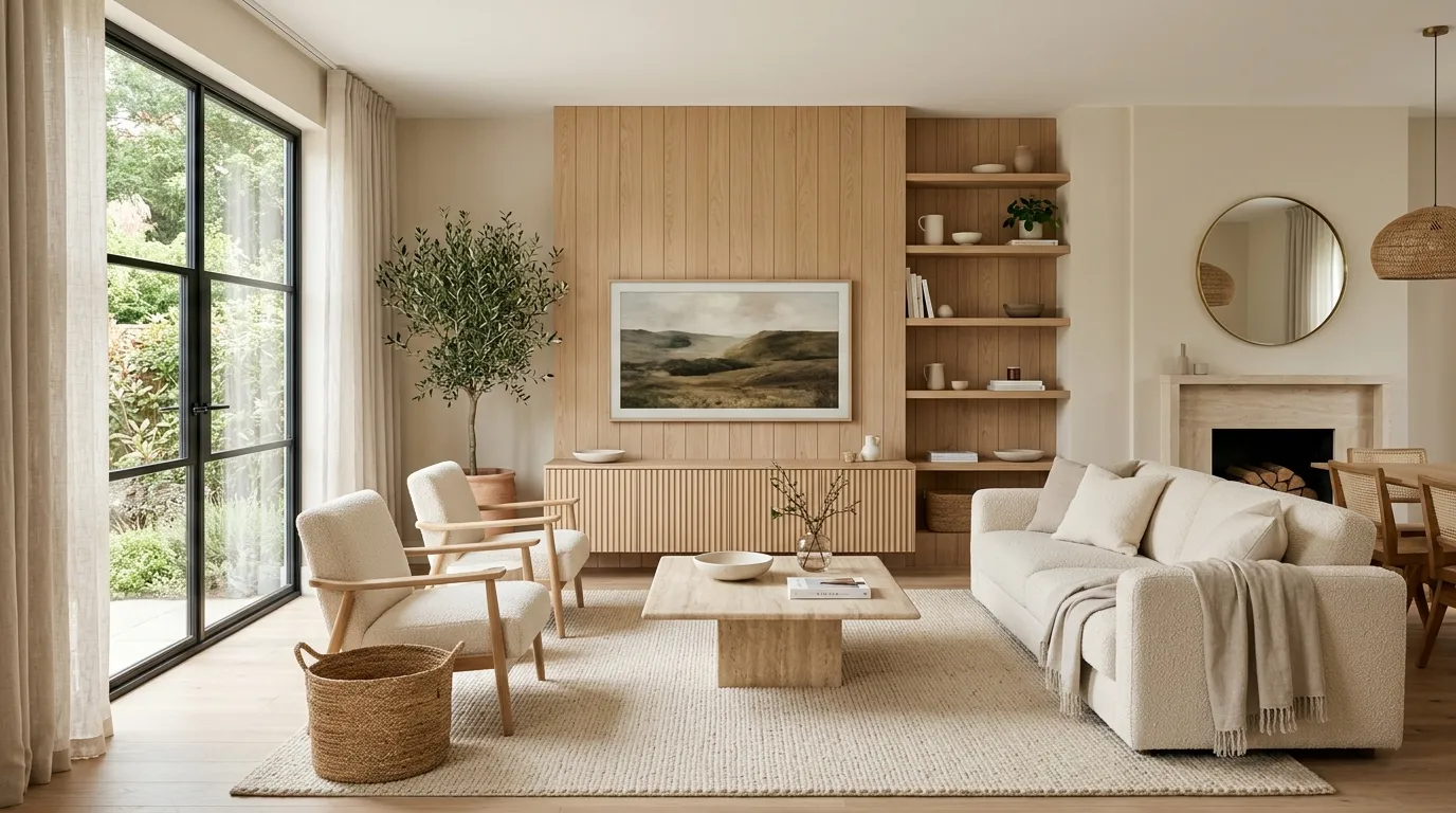 modern organic living room Warm Wood Layers