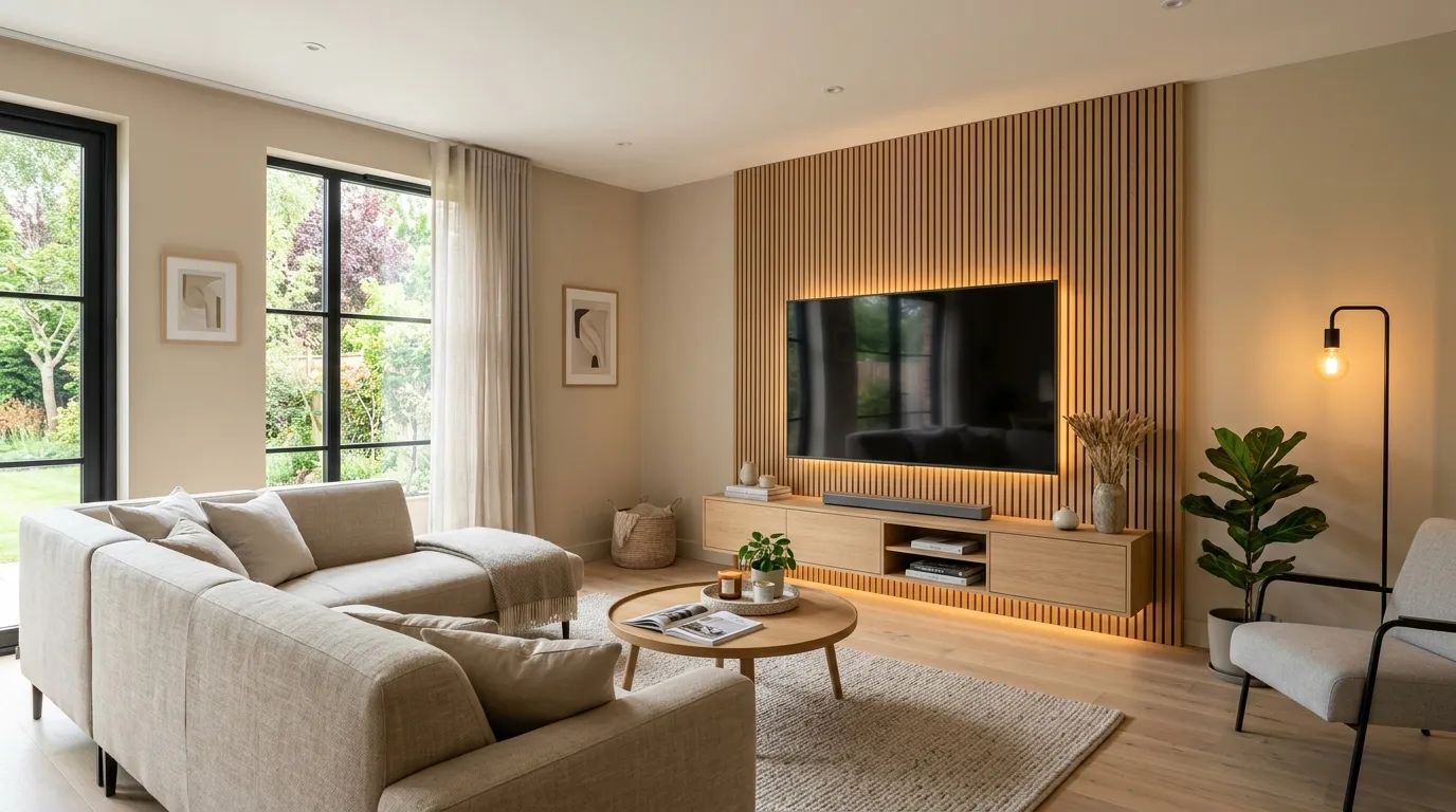 modern tv stand ideas for living room Slatted Wood Panels