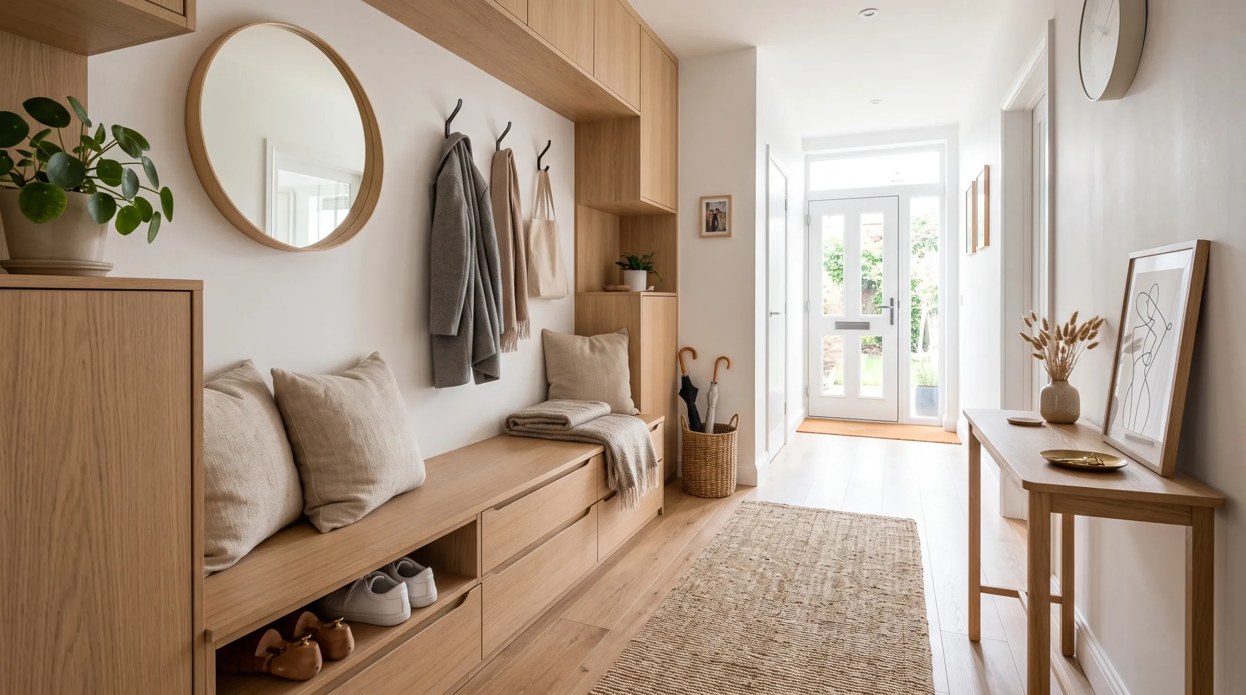narrow entryway decor Built-In Shoe Bench