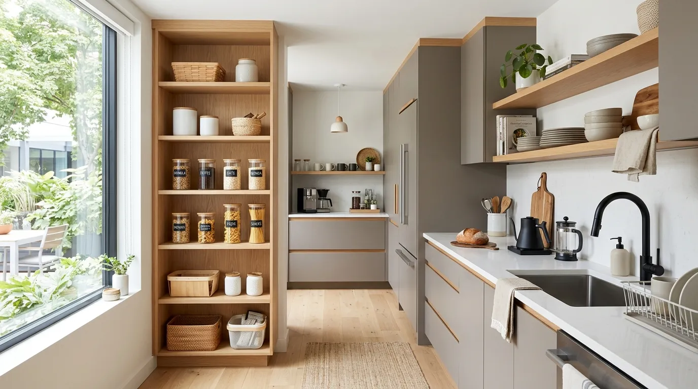 office kitchen design Open Pantry Shelving
