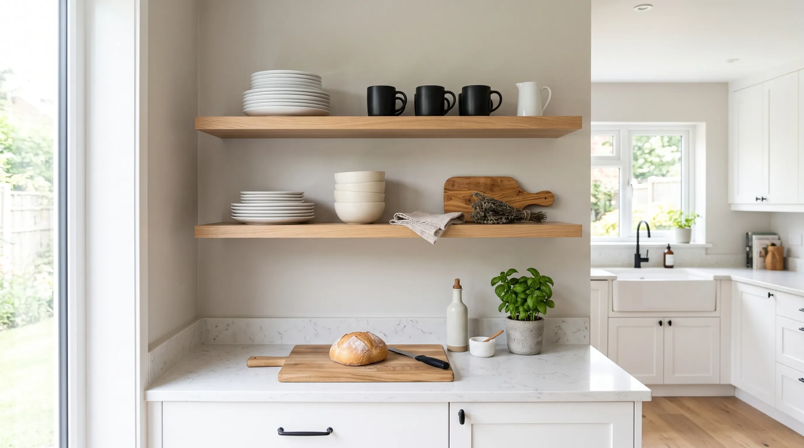 open shelf kitchen ideas Layered Neutral Dishes
