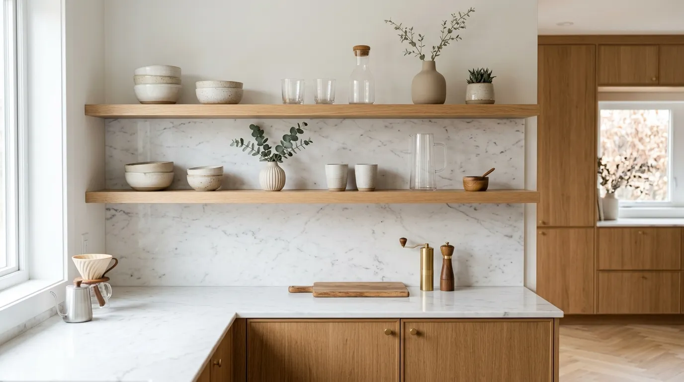 organic modern kitchen Open Floating Shelves