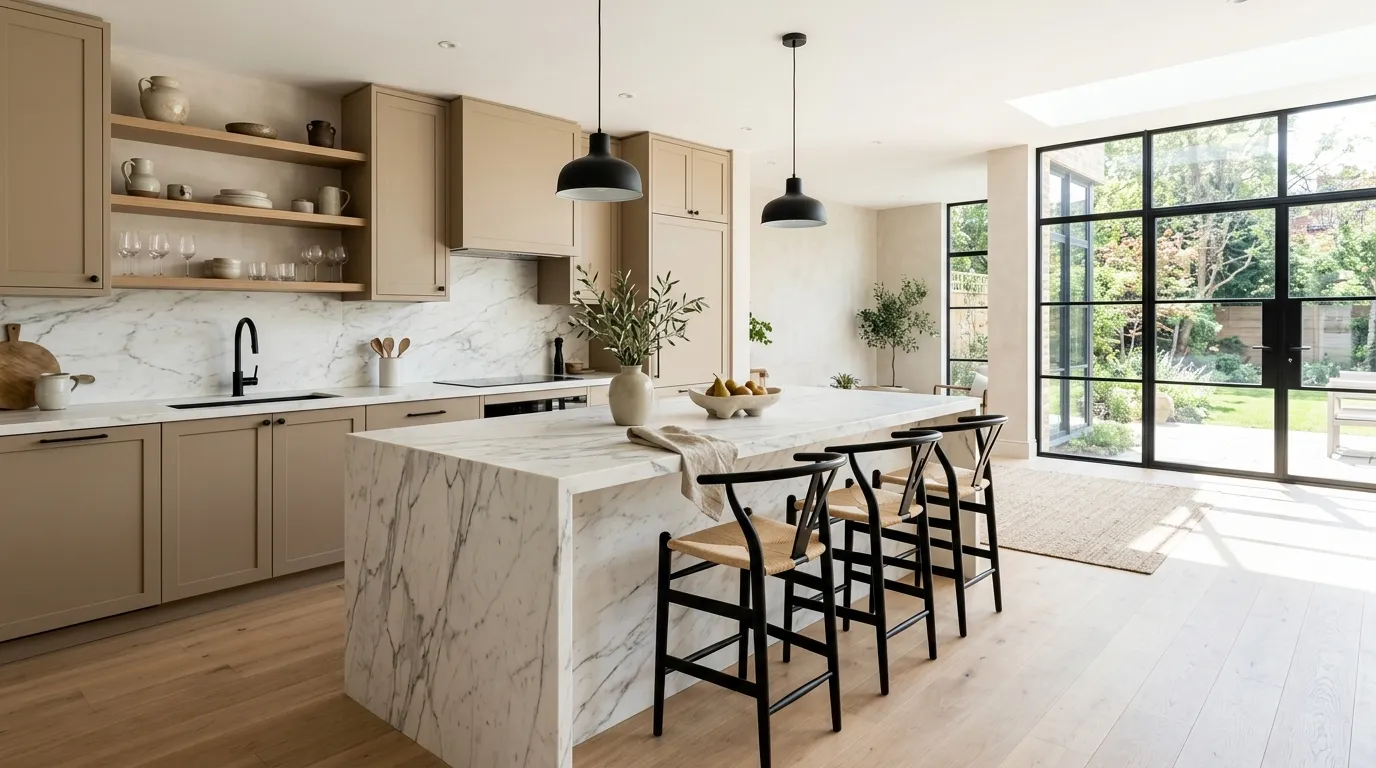 organic modern kitchen Waterfall Marble Island