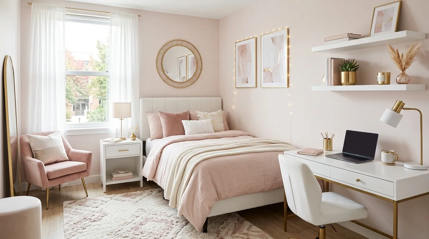 pink dorm room ideas Gold Accent Touches