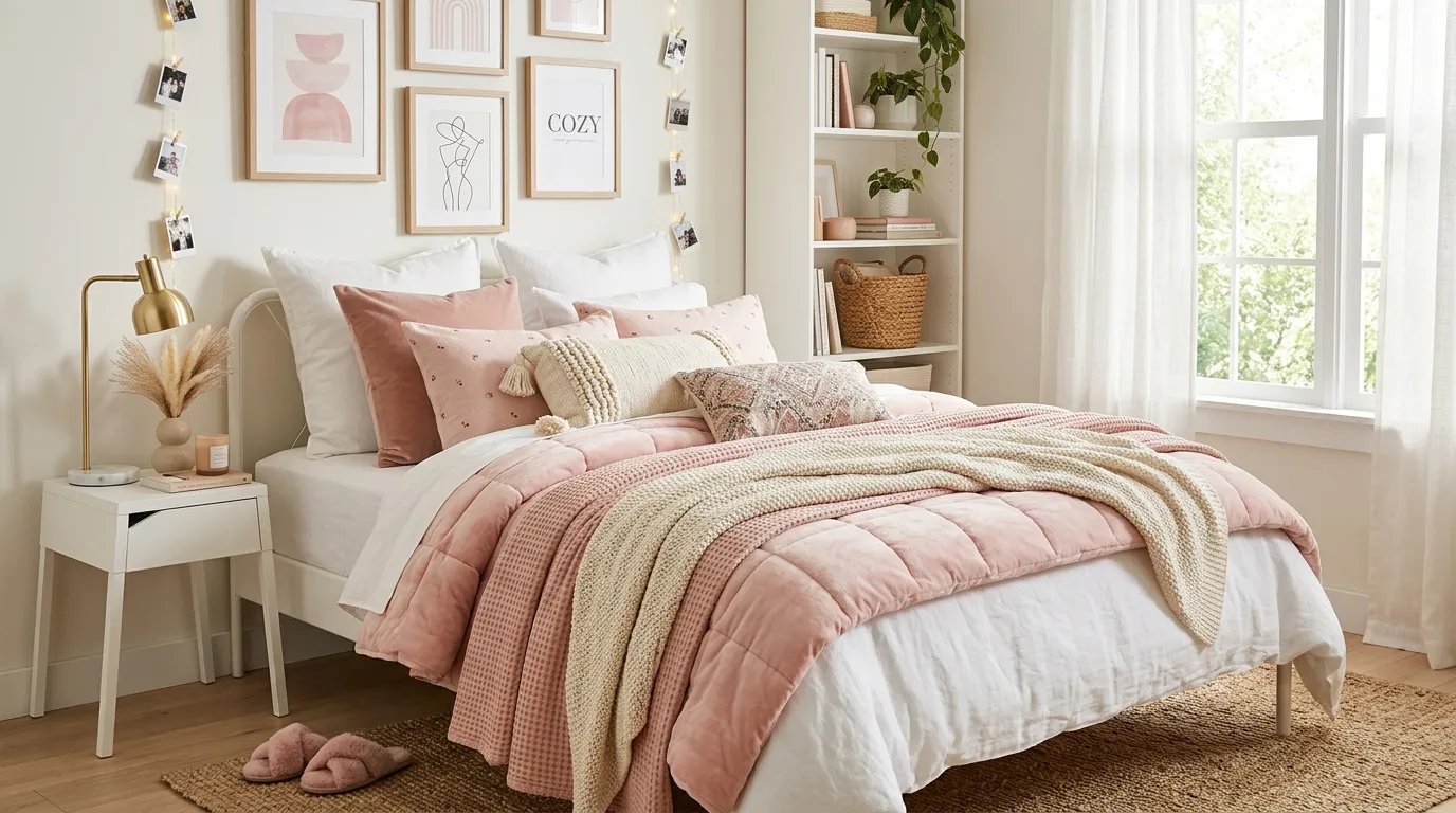 pink dorm room ideas Layered Bedding