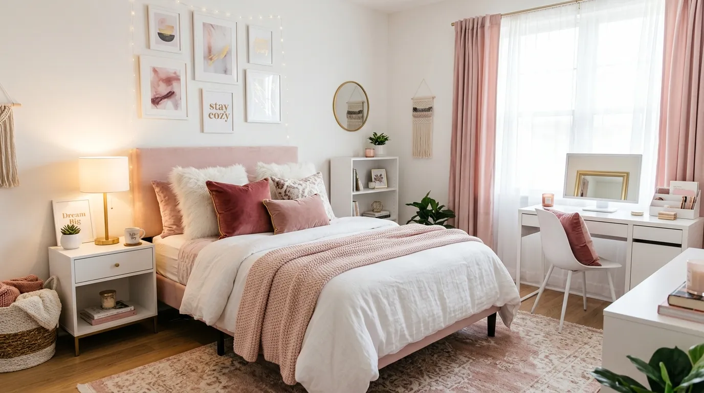 pink dorm room ideas Velvet Accent Details