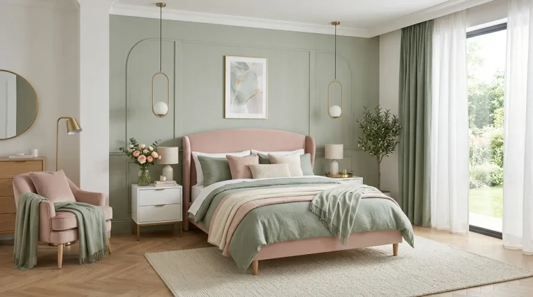 sage green and pink bedroom