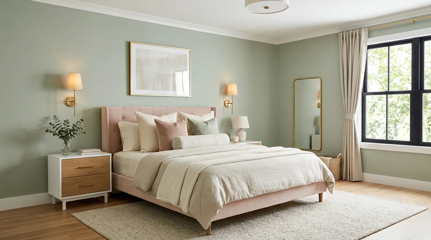 sage green and pink bedroom Blush Velvet Bed