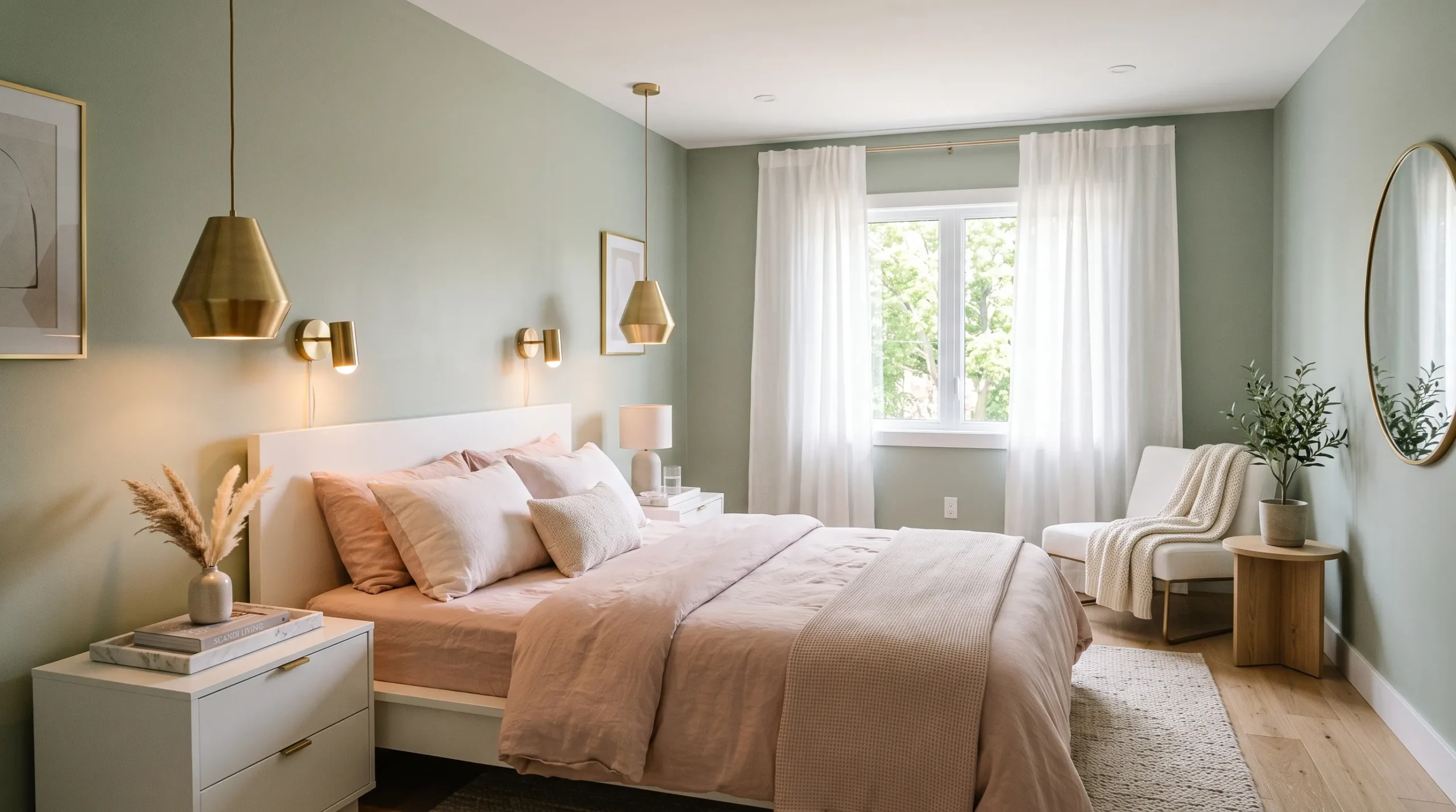 sage green and pink bedroom Brass Accent Lighting