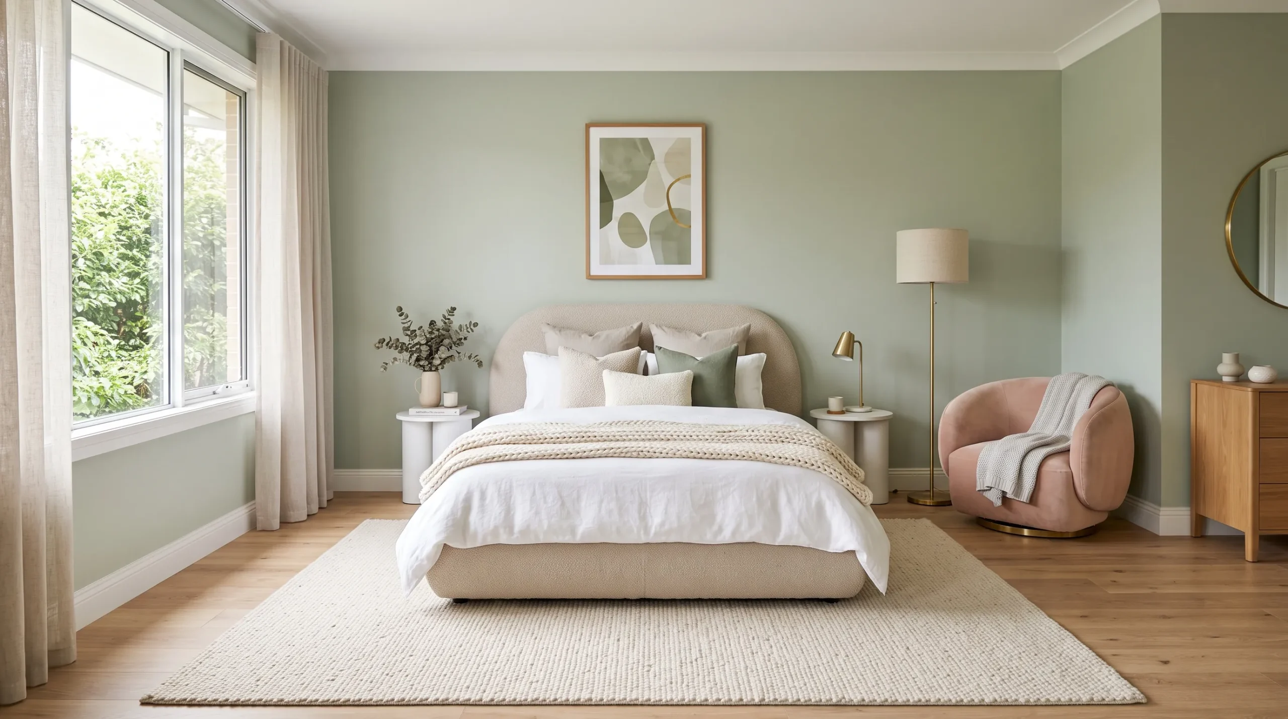 sage green and pink bedroom Curved Furniture