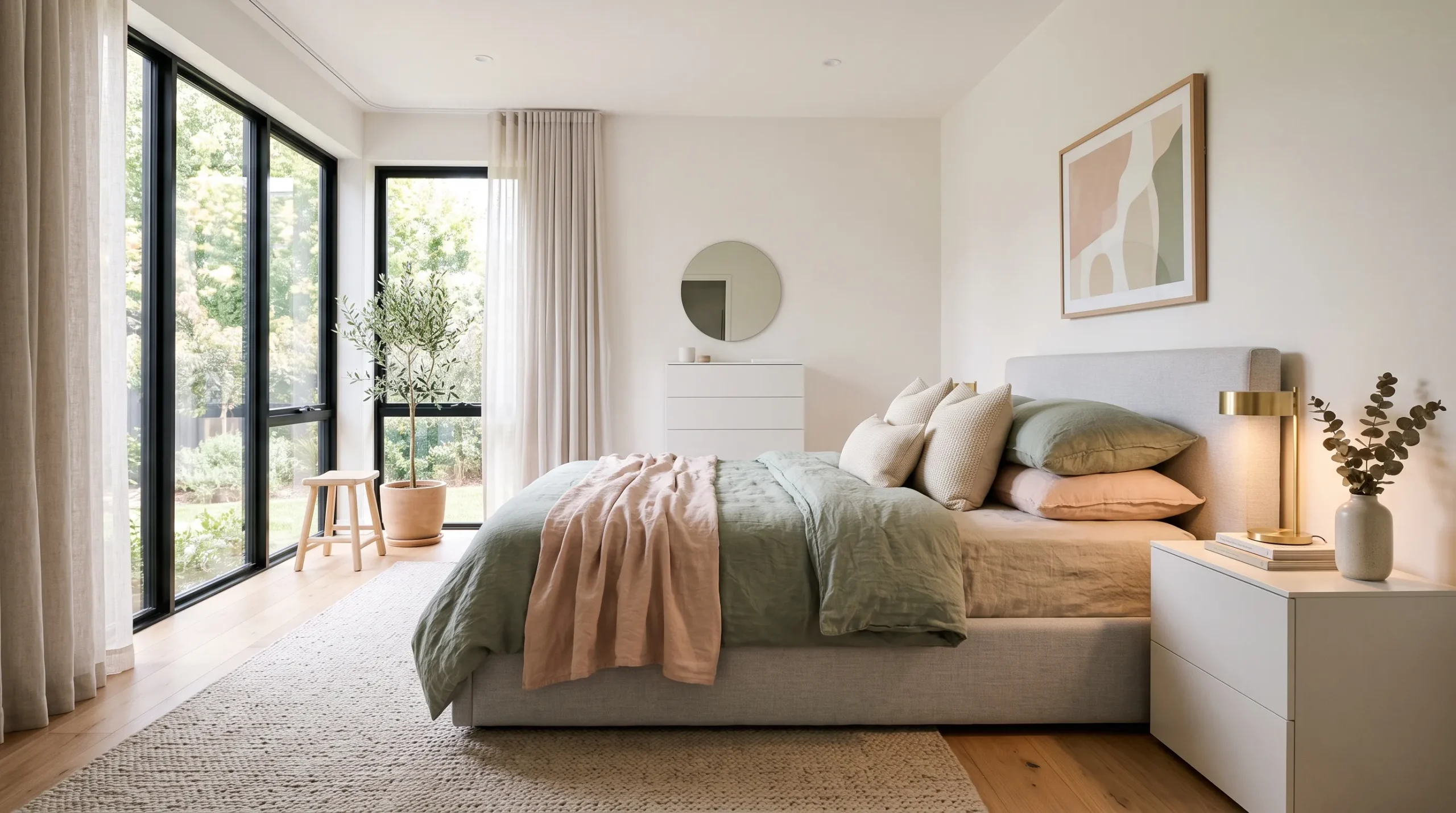 sage green and pink bedroom Layered Linen Bedding