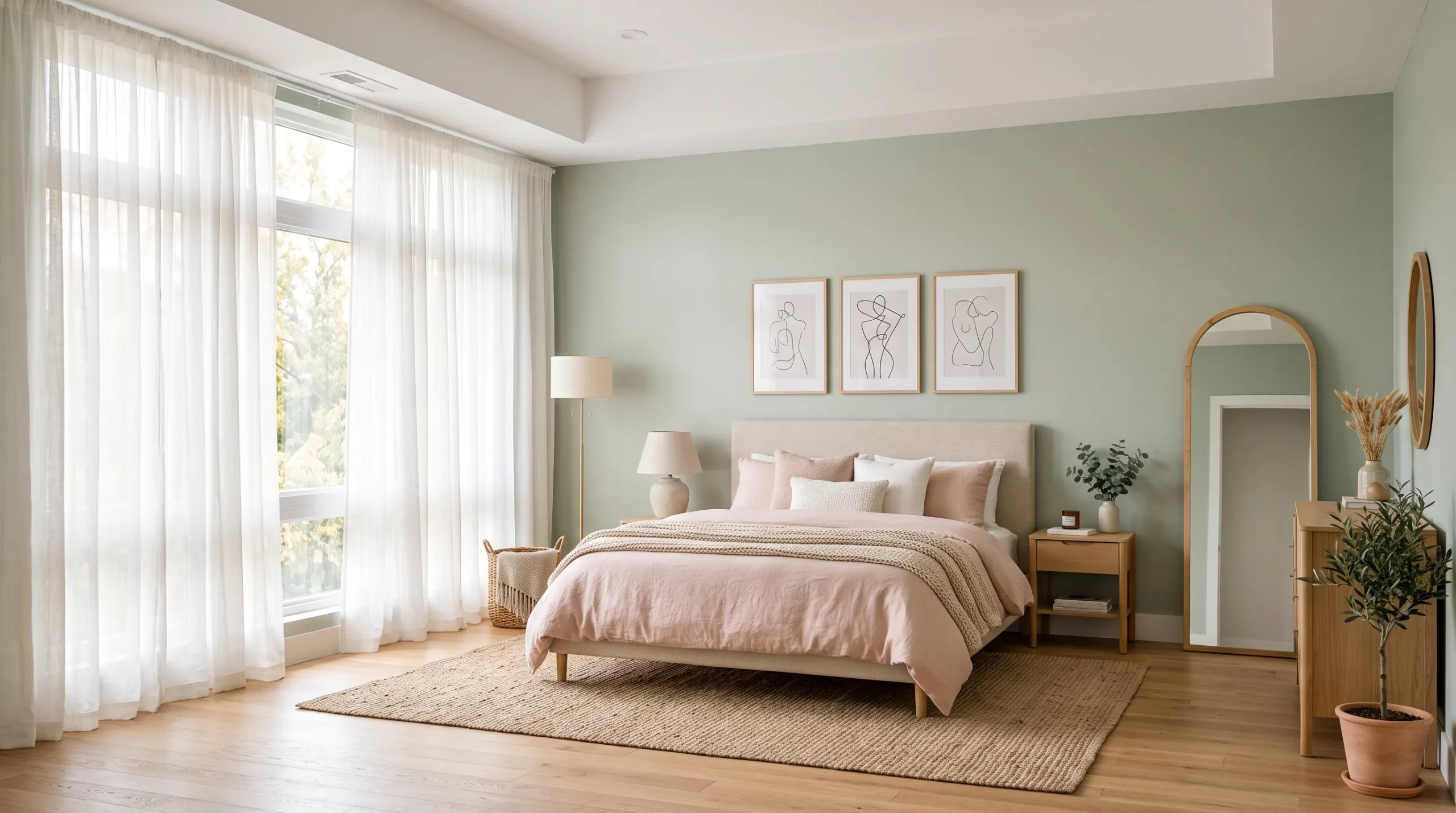 sage green and pink bedroom Sheer Window Drapes