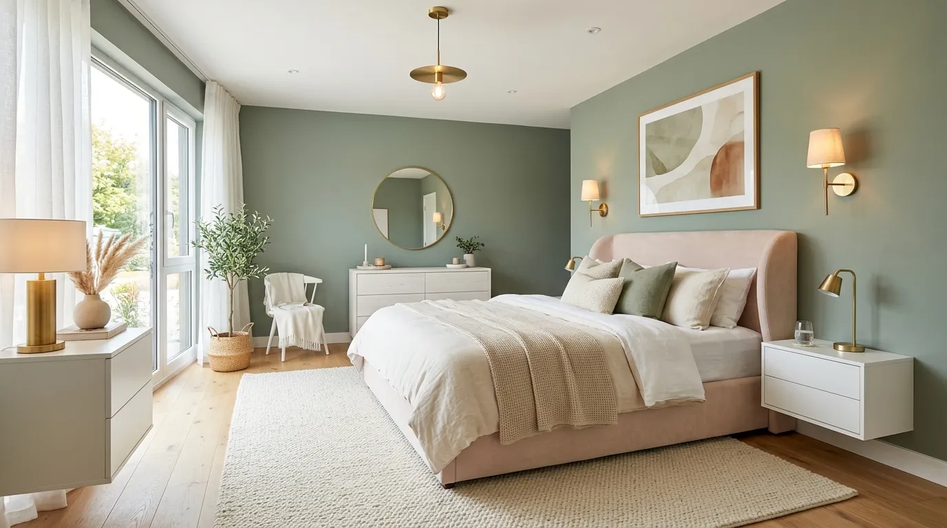 sage green and pink bedroom Textured Area Rug