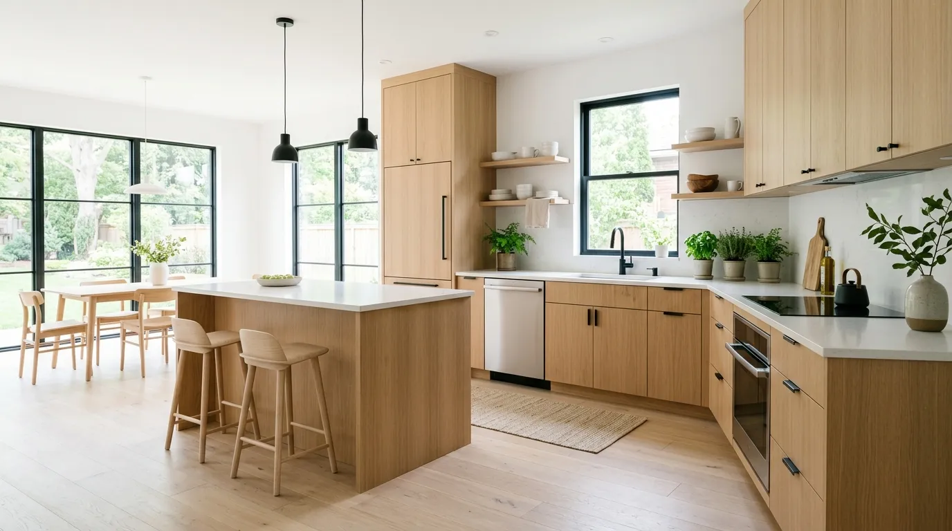 Light oak cabinets in bright modern kitchen