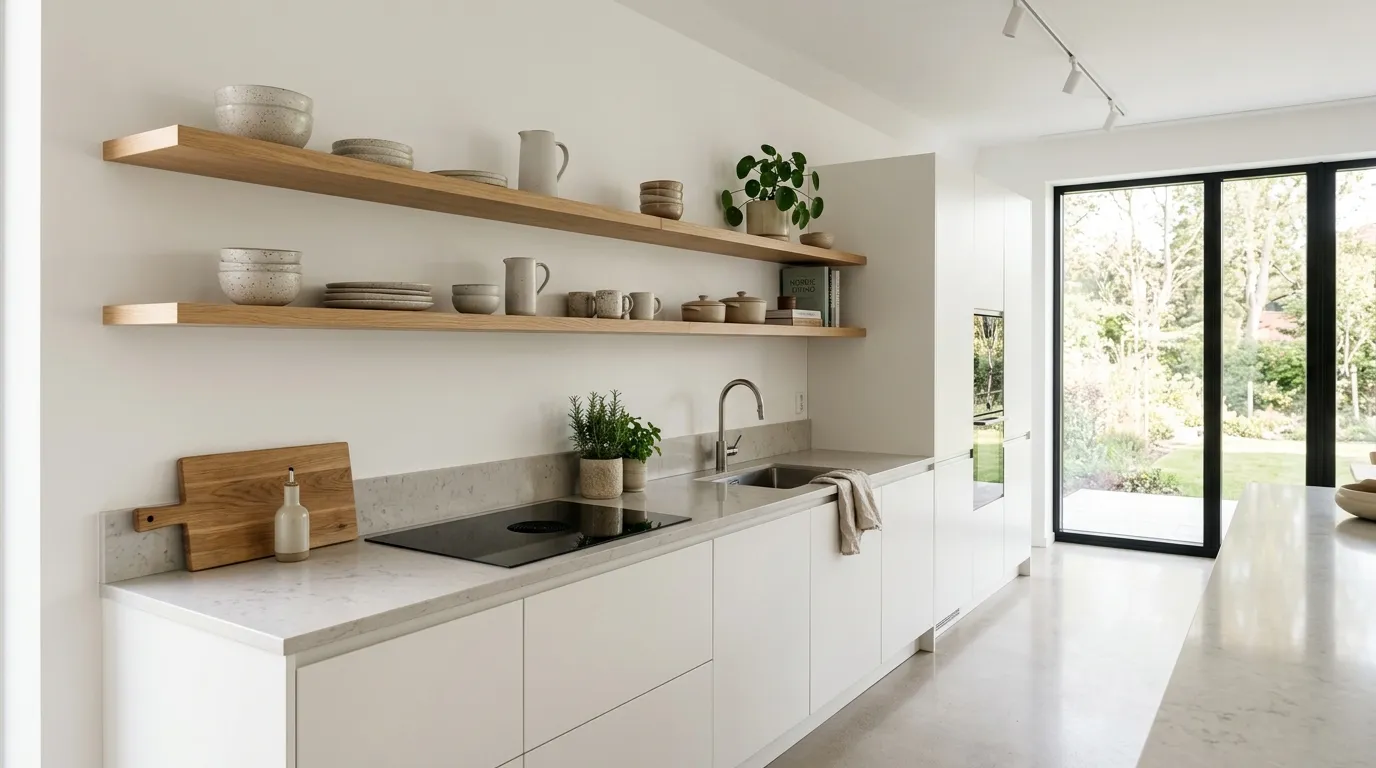 Minimal floating shelves with modern kitchen decor