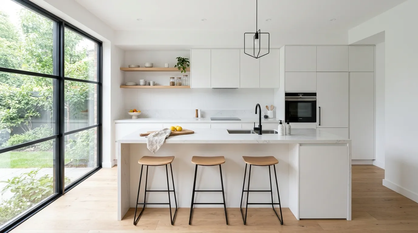 Matte white cabinets in modern Nordic kitchen