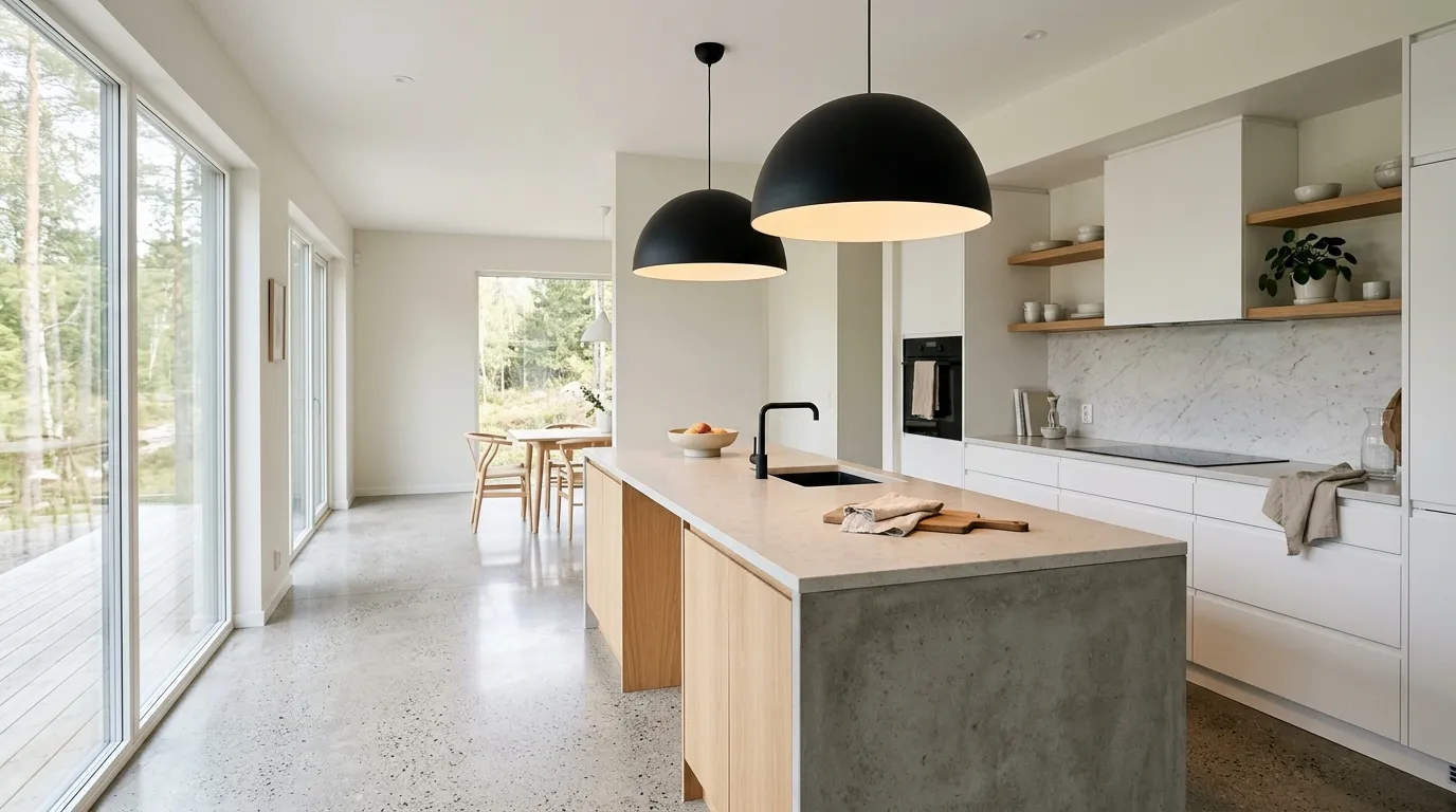 Modern pendant lights above minimalist kitchen island