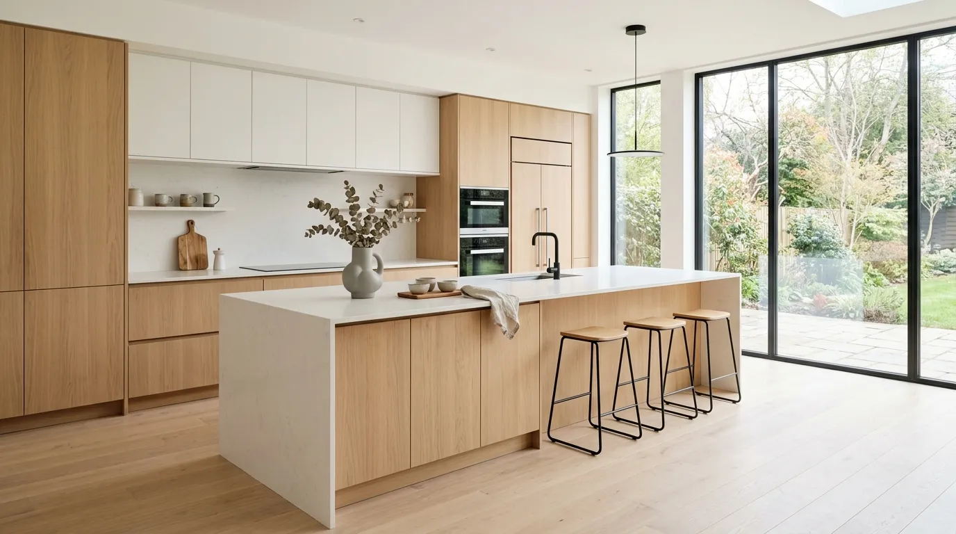Sleek waterfall island in bright Nordic kitchen