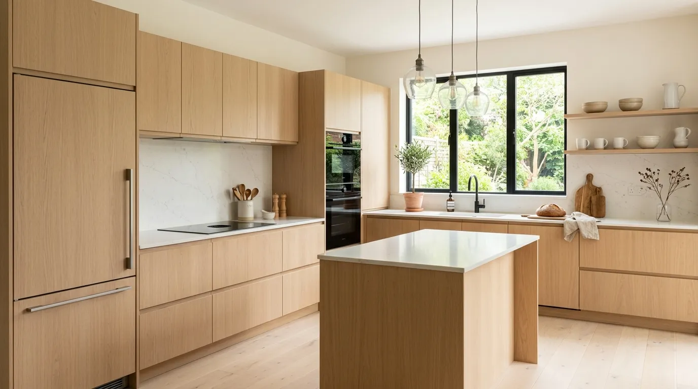 White stone countertops with light wood cabinets