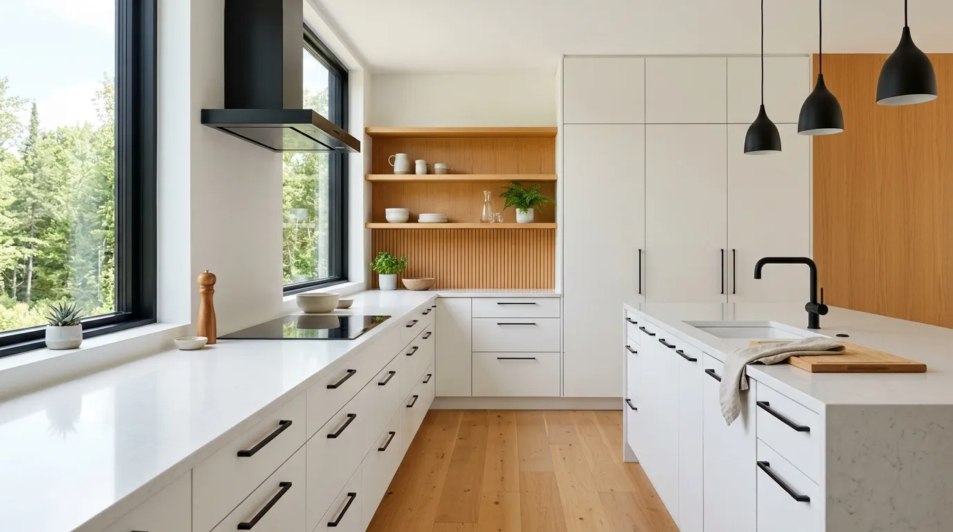 Matte black hardware in modern white kitchen