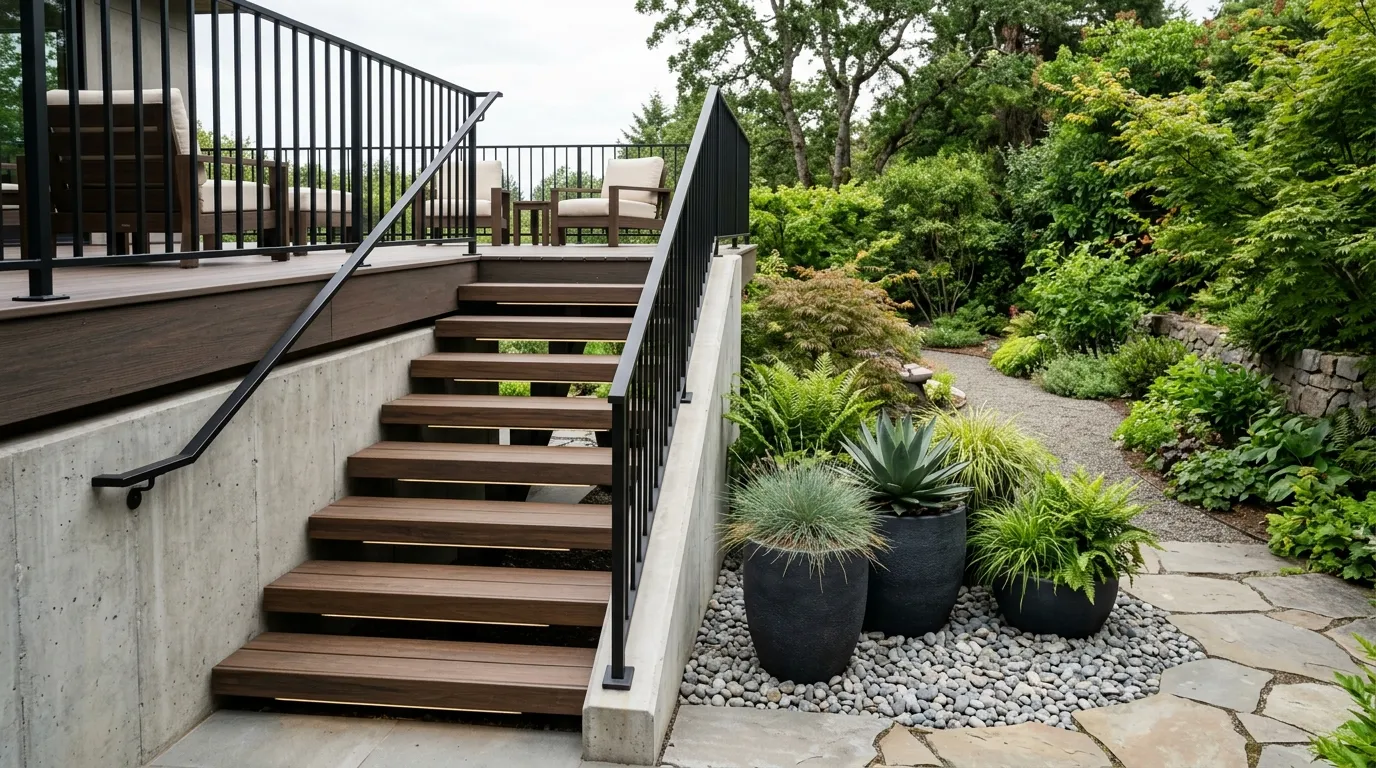 floating composite deck steps with black railing