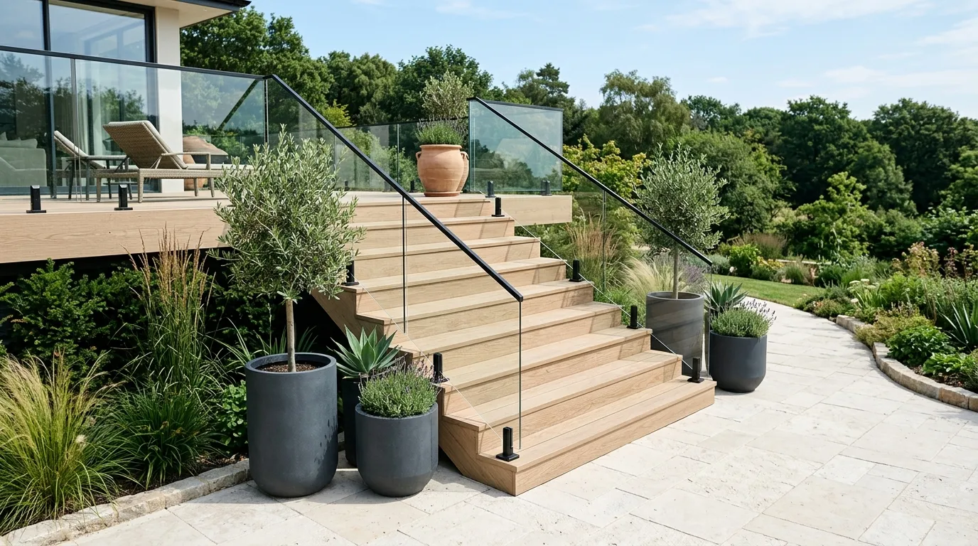 glass railing on modern outdoor deck stairs