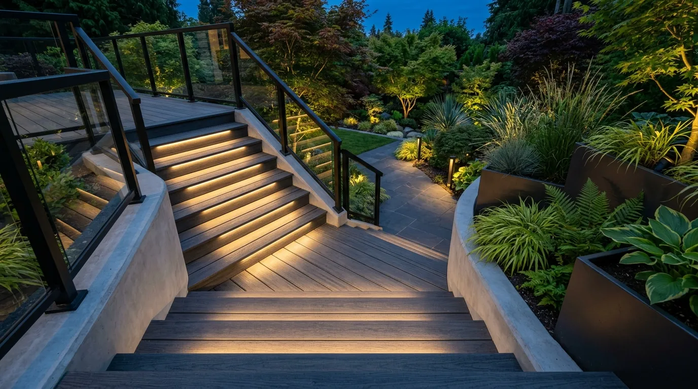 illuminated modern deck staircase at dusk