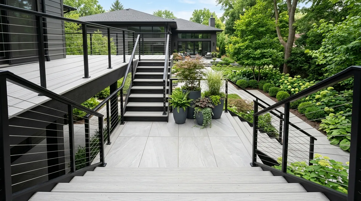 spacious deck stair landing with modern planters