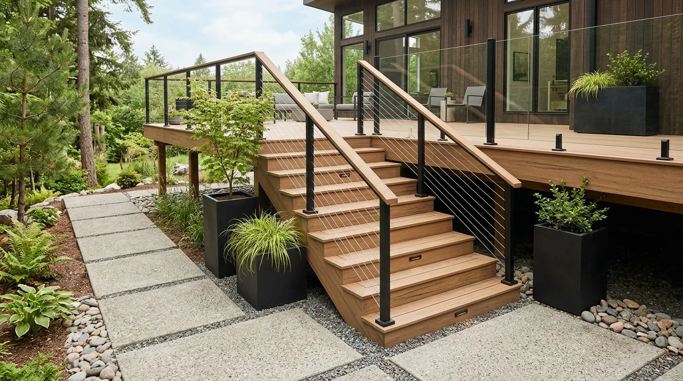 modern cable railing deck staircase