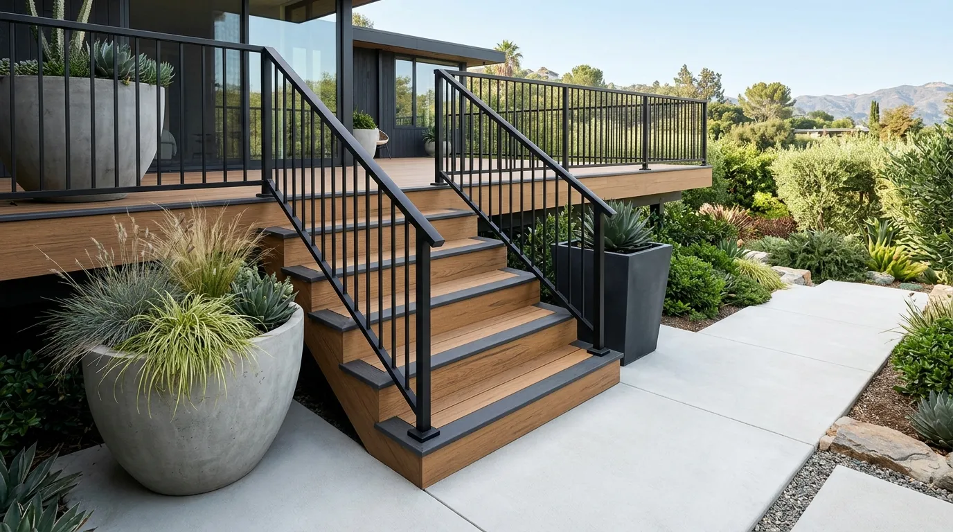 modern deck stairs with dark border trim