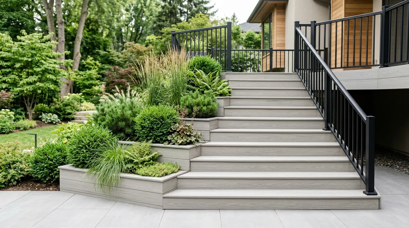 modern deck stairs with integrated planters