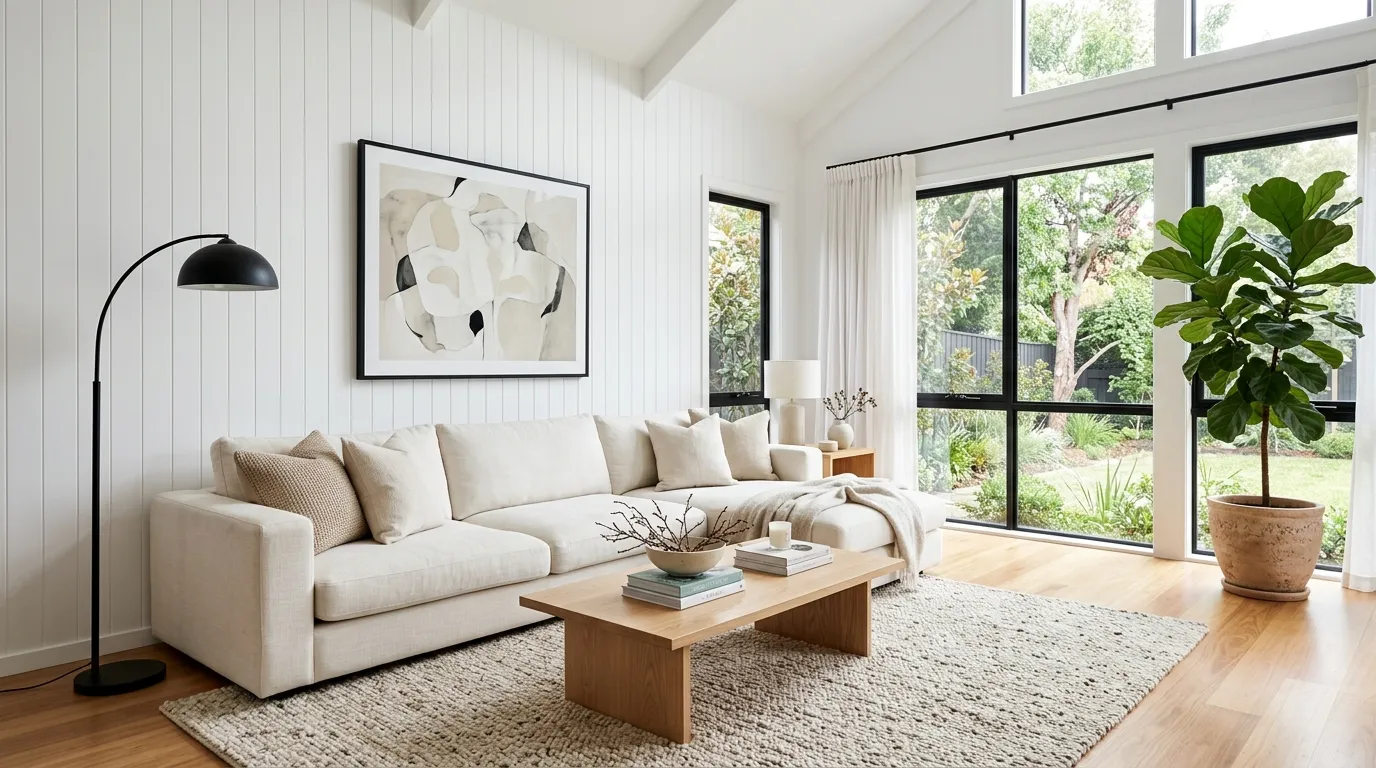 Bright living room with white vertical panels