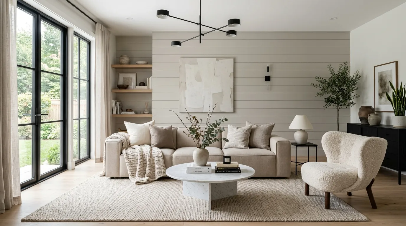 Modern greige shiplap living room wall