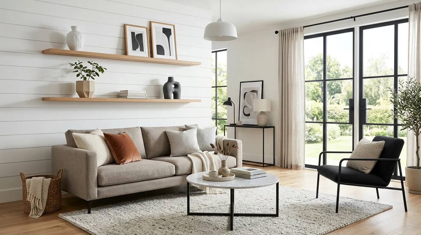 Floating shelves on shiplap wall