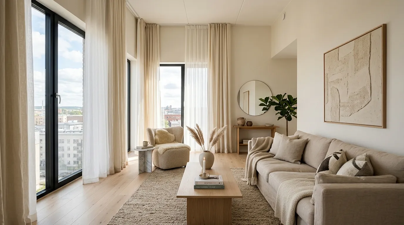 small apartment living room ideas Floor-to-Ceiling Curtains