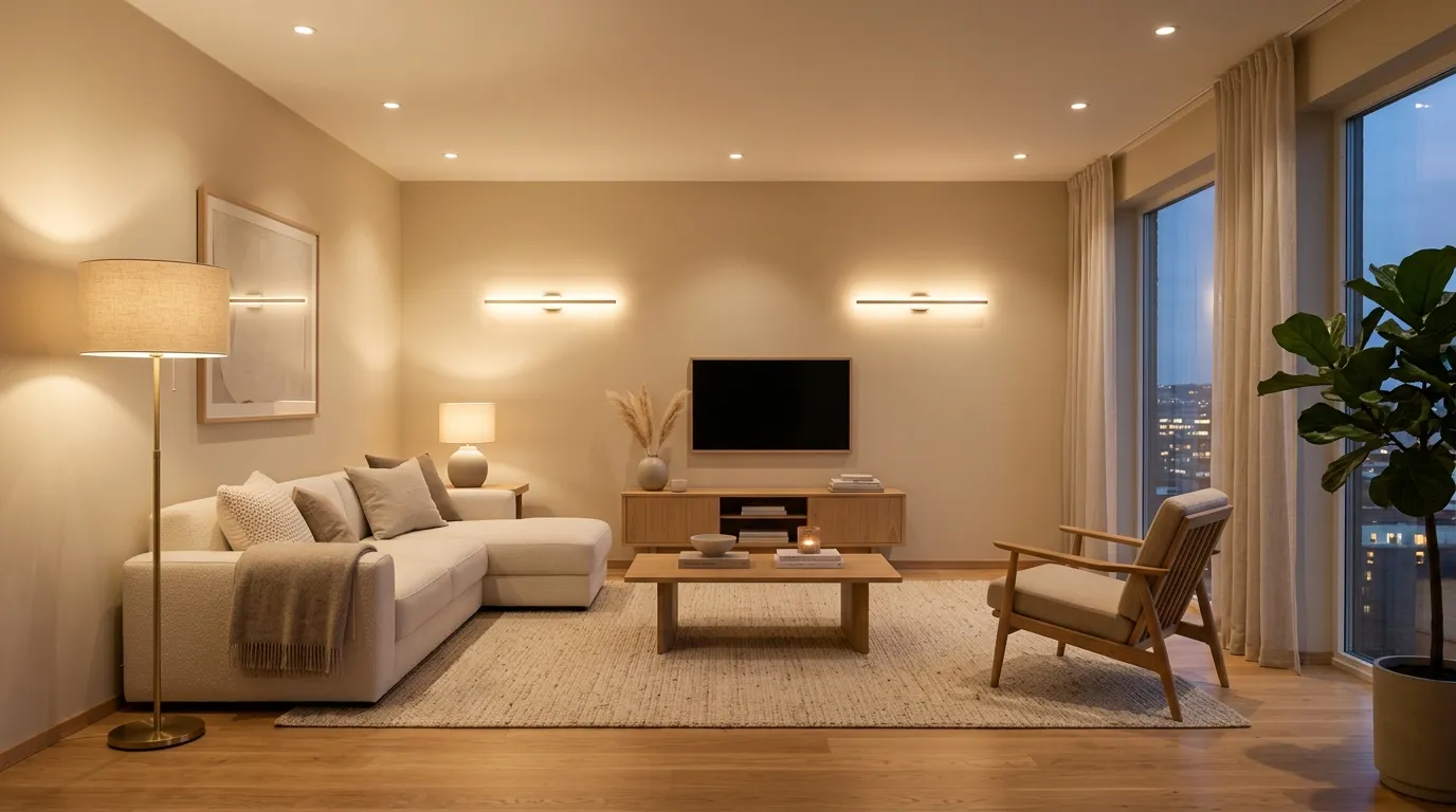 small apartment living room ideas Layered Lighting