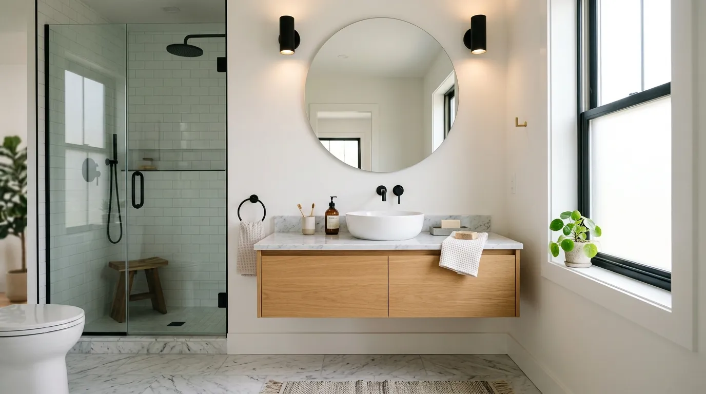 small bathroom decor ideas Statement Round Mirror