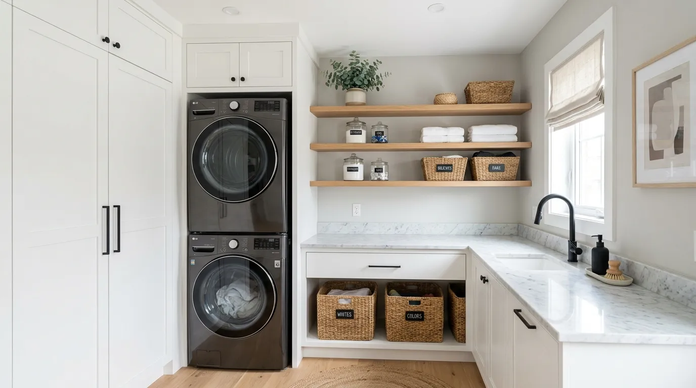 small laundry room ideas Stackable Appliance Layout