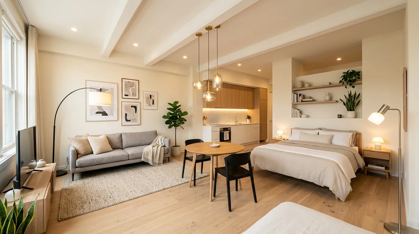 studio apartment ideas Layered Lighting