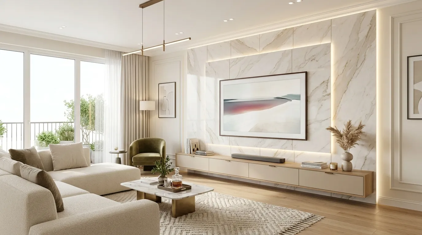 tv wall ideas Marble Panel Backdrop